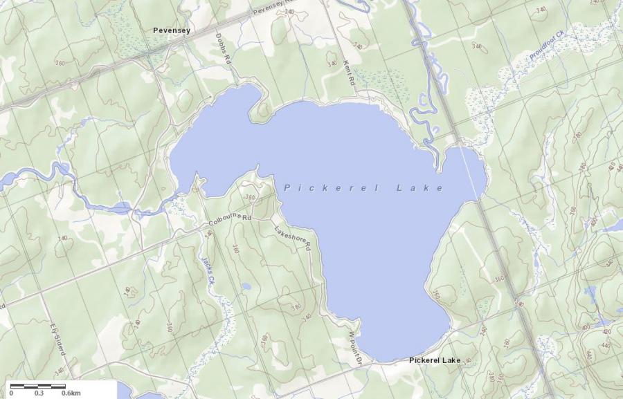 Topographical Map of Pickerel Lake in Municipality of Armour and the District of Parry Sound